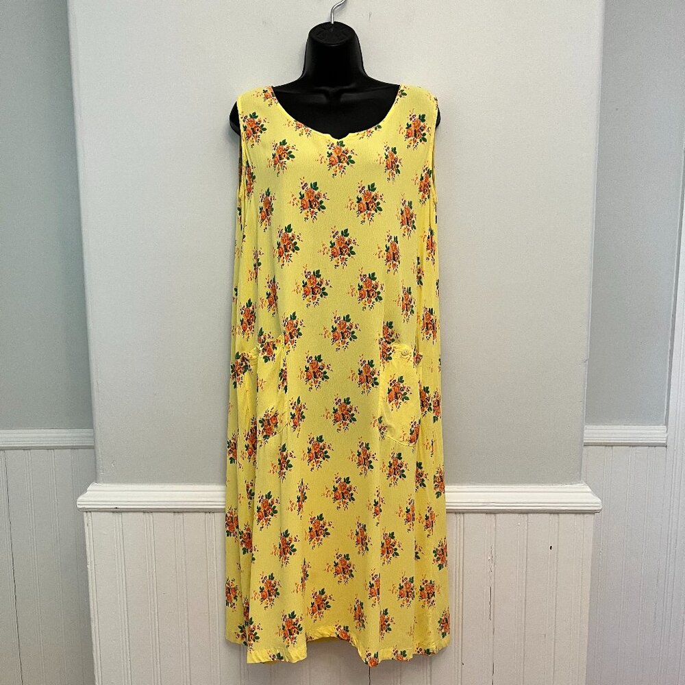 Vintage 90s April Cornell Cottagecore Yellow Floral Midi Dress, Size Small